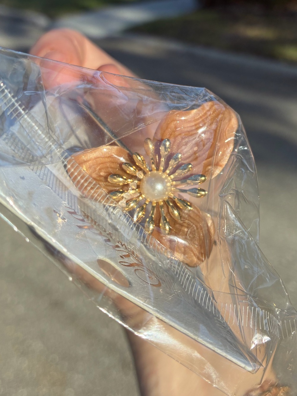 Linda New York Tan Flower Faux Pearl Gold Tone Cuff